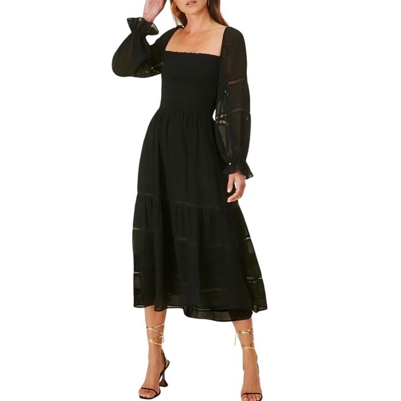 Reformation Dresses & Skirts - REFORMATION Smocked Square Neck Tiered Midi Dress Size 8 Lace‎ Boho Whimsigoth